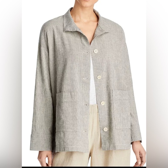 Eileen Fisher Organic Cotton Linen Ticking Stripe Jacket Size M Boxy Lagenlook - Picture 3 of 12